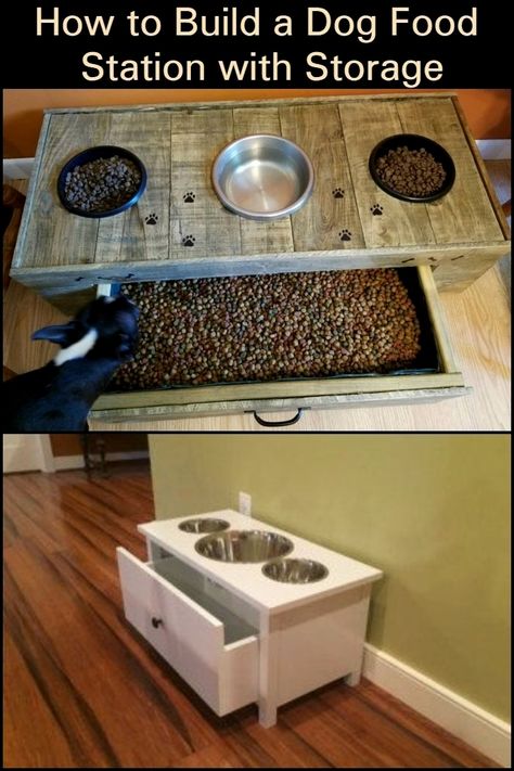 Diy Raised Dog Feeder With Storage, Dog Feeding Station Diy With Storage, Dog Food Feeding Station, Dog Food Station For Two Dogs, Pet Feeding Station Diy, Dog Food And Water Station, Dog Feeding Station Diy, Dog Food Station With Storage, Diy Dog Food Station