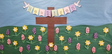 He Is Risen Bulletin Board, Cross Bulletin Board, Easter Bulletin Boards For Church, Easter Bulletin Board, Easter Bulletin Boards, Christian Bulletin Boards, Infant Lesson Plans, Fun Winter Crafts, Sunday School Classroom