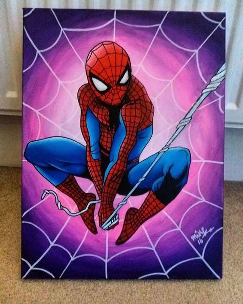 Spidey canvas!! 😍😍 #spiderman #girly #art #acrylic #painting #paint #web #pink #purple #handpainted Avengers Canvas Painting, Spiderman Canvas Painting, Spiderman Canvas Art, Avengers Painting, Spiderman Canvas, Spiderman Painting, Marvel Paintings, Spiderman Drawing, Simple Canvas Paintings