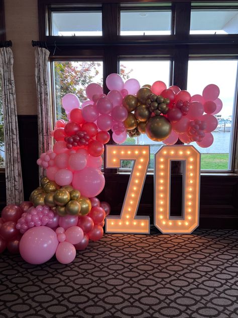 Marquee numbers and balloon arch for a birthday party. Handmade marquee numbers wooden. Tufex balloons Balloon Arch With Numbers, Marquee Numbers With Balloons, Numbers With Balloons, Marquee Numbers, Balloon Inspiration, Lighted Marquee Letters, Balloon Arches, Rose Gold Balloons, 65th Birthday