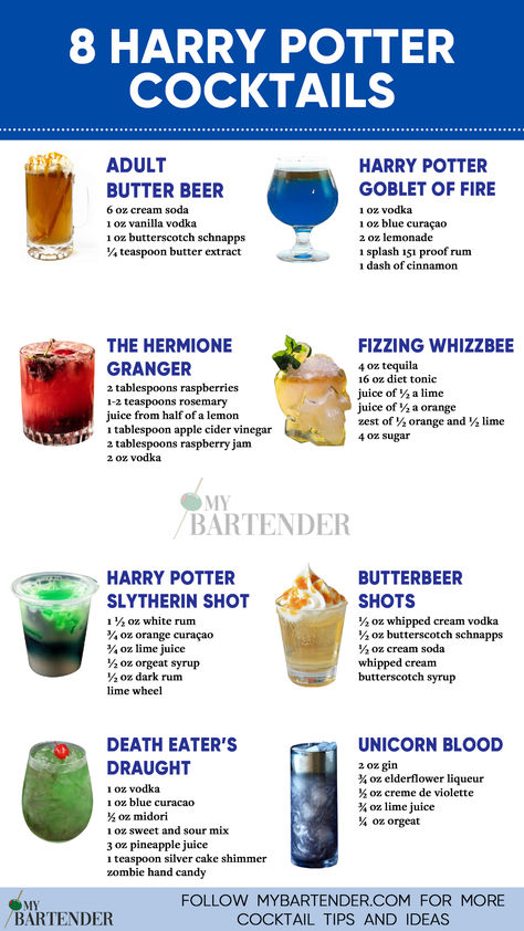 Harry Potter Cocktails Harry Potter Party Cocktails, Non Alcoholic Harry Potter Drinks, Easy Harry Potter Cocktails, Alcoholic Drinks Recipes For A Party, Harry Potter Shots Alcohol, Harry Potter Cocktail Party, Theme Drinks Alcoholic Beverages Parties, Diy Mixed Drinks Alcohol Recipes, Fun Signature Cocktails