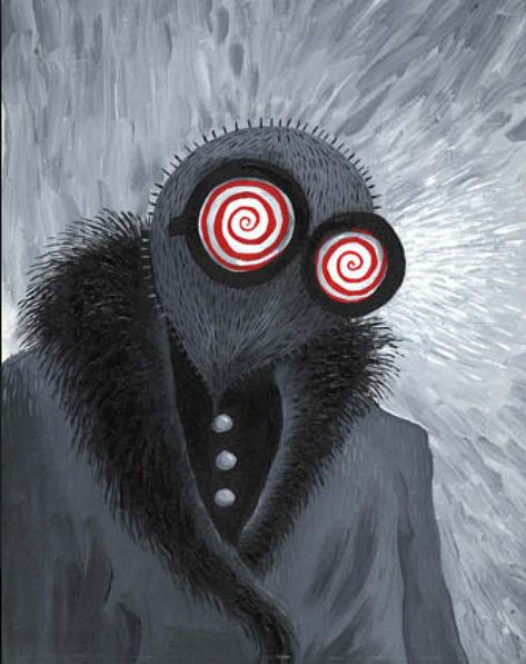 This is another image of Tim Burtons artwork from his website. Here, a contrast of greyscale colours display an odd looking creature in a fur collar coat, that has red and white spiral glasses. Almost as if he has been hypnotised or is going to hypnotise his audience. I love the colour scheme here and resembles Tim Burtons Gothic cartoon imagery. Tim Burton Sketches, Tim Burton Artwork, Tim Burton Drawings, Realistic Eye Drawing, Tim Burton Style, Tim Burton Art, Tim Burton Movie, Marjolein Bastin, Bonham Carter