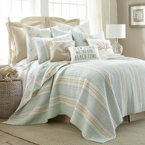 PRICES MAY VARY. THE STONE HARBOR DESIGN: One of our most popular coastals, Stone Harbor is inspired by a relaxing tropical vacation, featuring a simple stripe design in taupe, cream, and varying shades of light blue and a charming reverse pattern of coral tossed in various styles and coastal colors. Enjoy for years to come! SOFT AND COMFORTABLE LUXURY: Made from 100% cotton and filled with a cotton rich filler (that includes polyester and other fibers), this quilt will never feel heavy, stiff o Coastal Quilts, Beach Quilt, King Quilt Sets, Beach Bedding, Beach Room, Stone Harbor, Tropical Home Decor, Beach Bedroom, Cottage Design