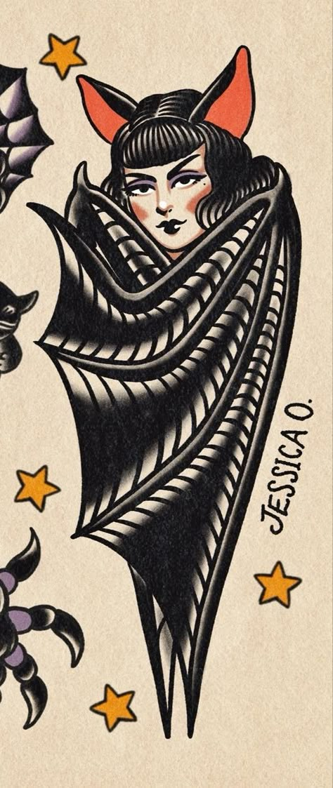 Bat Pinup Tattoo, Trad Vampire Tattoo, Traditional Bat Face Tattoo, Traditional Dracula Tattoo, Neo Trad Tattoo Design Black And Grey, Vampire Pinup Tattoo, Vampire Tattoo Traditional, Bat Woman Tattoo, Vampire Traditional Tattoo