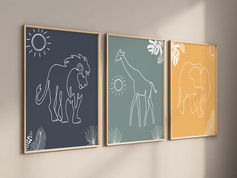 Boho Safari Line Art Set of 3, Children's Bedroom Nursery Wall Art Print, Lion, Elephant, Giraffe, Jungle Animal, Minimalist, Boy Nursery Boho Safari, Minimalist Nursery, Jungle Nursery, Jungle Animal, Children's Bedroom, Bedroom Nursery, Art Set Of 3, Jungle Animals, Art Print Set