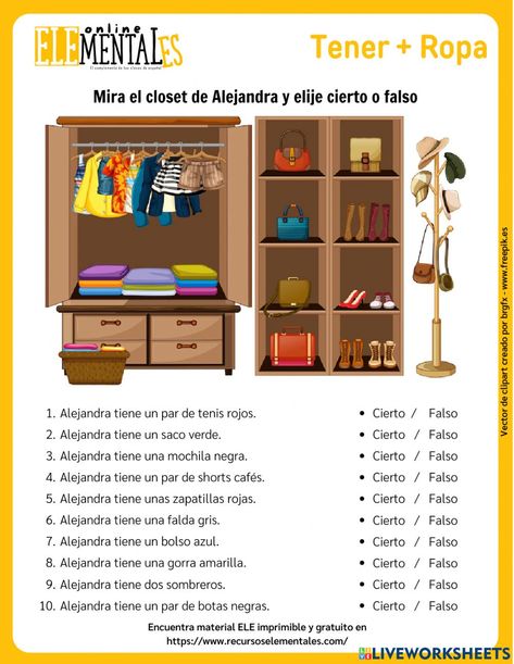 Spanish Tenses, Spanish Classroom Activities, Spanish Clothing, Learning Spanish Vocabulary, Spanish Worksheets, Spanish Teaching Resources, Spanish Reading, Spanish 1, Spanish Vocabulary