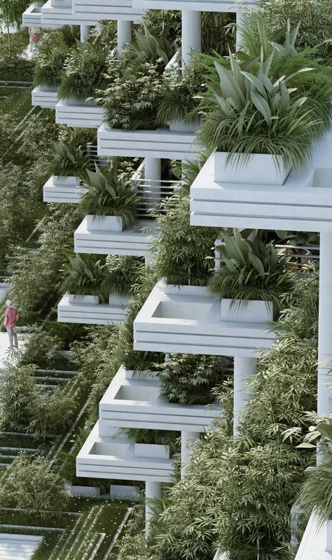 Gallery of Penda Designs Sky Villas with Vertical Gardens for Hyderabad - 4 Architecture Cool, Green Facade, Eco Architecture, Architectural Rendering, Vertical Gardens, Green Architecture, Garden Architecture, Green Sky, Design Hotel