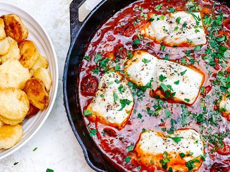 Mediterranean Cod Stew with Tomatoes, Peppers, Chilli and Crispy Chorizo – Daffodil Kitchen Cod And Chorizo Recipes, Stew With Tomatoes, Cod Stew, Mediterranean Cod, Chorizo Stew, Smoked Cod, Baby Potato Recipes, Chorizo Recipes, Chorizo Sausage