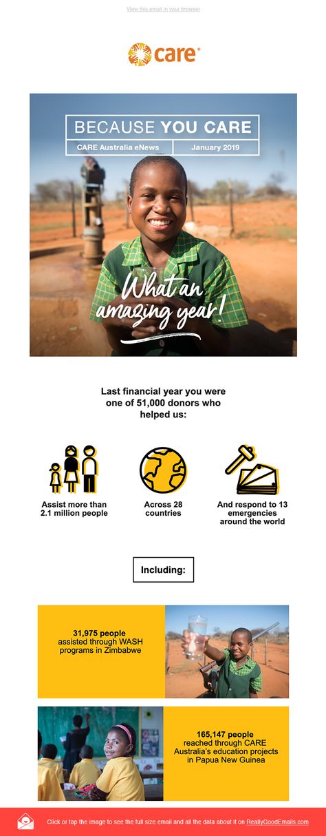 CARE Australia sent this email with the subject line: What an amazing year! - Read about this email and find more report emails at ReallyGoodEmails.com #nonprofit #charity #photography #report Charity Email Design, Charity Photography, Mailer Design, Nonprofit Marketing, Email Ideas, Email Marketing Template, Annual Reports, Email Subject Lines, Email Marketing Design