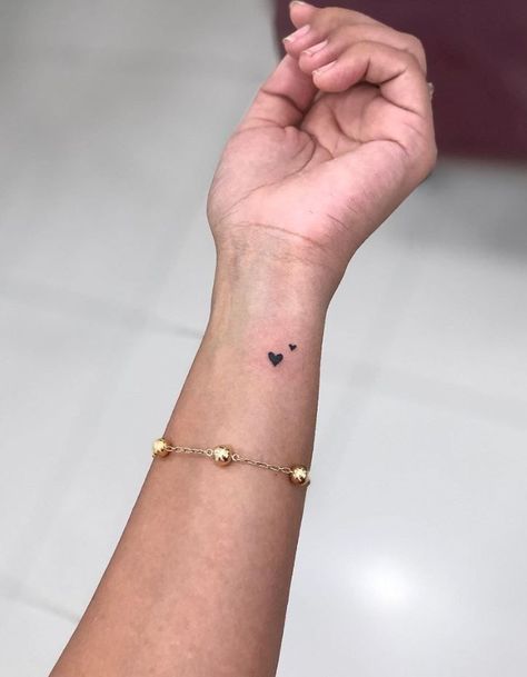 Mini Black Heart Tattoo, Micro Hearts Tattoo, Love Heart Wrist Tattoo, Two Hearts One Love Tattoo, Two Tiny Hearts Tattoo, Self Love Hand Tattoo, Tiny Heart Tattoos For Women, Tiny Tattoo For Son, Cute Heart Tattoo Designs