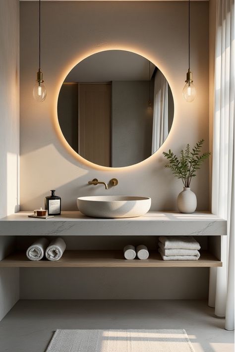 Sleek bathroom vanity with minimalist sink and pendant lights Vanity Sinks For Small Bathrooms, Bath Sink Ideas, Concrete And Wood Bathroom, Gray Vanity Bathroom, Small Vanity Ideas Bathroom, Modern Bathroom Vanity Ideas, Double Bathroom Vanity Ideas, 2 Sink Bathroom Vanity, Wood Vanity Bathroom