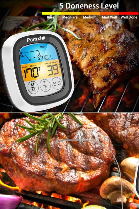 This cooking thermometer has a delicious temperature guide built-in and a smart cooking warning. Don't constantly need to monitor the temp. You will be reminded when the food thermometer flashes and beeps if the temperature or time ever goes out of your defined range when you set your ideal food temperature or time for your barbecue, oven or smoker. #bestmeatthermometerforoven #digitalmeatthermometerforsmoker #meatthermometeramazon #howtousemeatthermometer #thermometerchicketbreast Digital Meat Thermometer, Digital Food, Food Meat, Cooking Thermometer, Meat Thermometer, Food Thermometer, Smart Cooking, Oven Cooking, Digital Tools