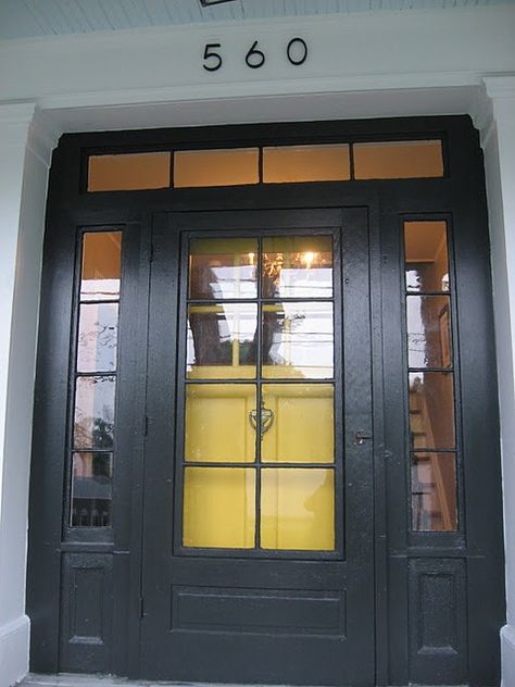 black storm door. house numbers. Black Storm Door, Black Front Door With Sidelights, Yellow Front Door, Front Door With Sidelights, Door With Sidelights, Grey Front Doors, Black Front Door, Room Door Decorations, Yellow Front Doors