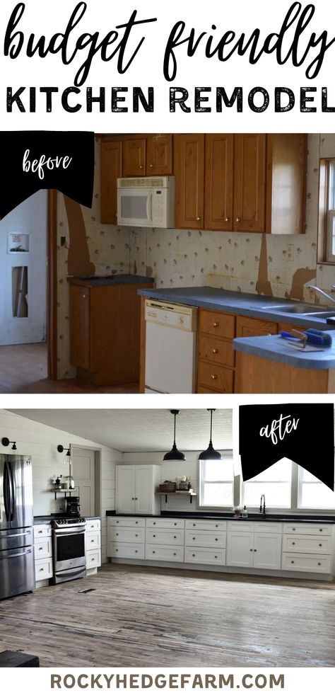 Before and After Kitchen makeover on a budget in a double wide mobile home. Ideas for affordable kitchen cabinets, paint colors and DIY countertop Mobile Home Kitchen Cabinets Makeover, Remodeling A Small Kitchen, Home Makeover Diy, Small Kitchen On A Budget, Budget Friendly Kitchen Remodel, Mobile Home Kitchen Cabinets, Double Wide Remodel, Mobile Home Redo, Trailer House