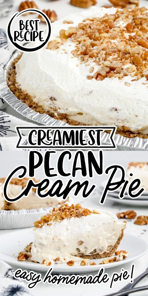 Pecan cream pie is a luscious no-bake dessert featuring plenty of crunchy pecans and creamy filling. The perfect addition to your Thanksgiving desserts! Pies With Pecan Crust, Easy Cream Pies No Bake, Pecan Creme Pie, Easy Pie With Graham Cracker Crust, Walnut Cream Pie, Island Pecan Pie Recipe, Winter Pies, Pecan Cream Pie Recipe, Pecan Cream Pie