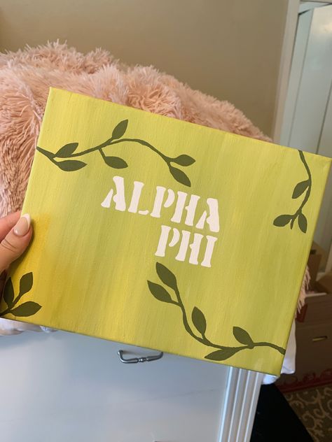 Aphi Canvas Painting, Yellow Sorority Canvas, Neutral Sorority Canvas, Green Sorority Canvas, Simple Sorority Canvas, Sorority Canvas Ideas Easy, Alpha Phi Painting, Canvas Painting Ideas Sorority, Sorority Painting Canvases