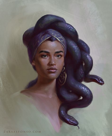 ArtStation - Medusa Portrait, Zara Alfonso Medusa Portrait, Medusa Painting, Medusa Gorgon, Medusa Art, Afro Art, A Snake, Arte Fantasy, Snakes, Black Art