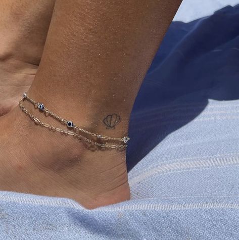 Ocean Tattoo Minimal, Shell Tiny Tattoo, Small Matching Beach Tattoos, Small Conch Shell Tattoo, Ancle Tatoos Woman Simple, Cancun Tattoo Idea, Ocean Ankle Tattoo, Turtle Tattoo Ankle, Tiny Seashell Tattoo