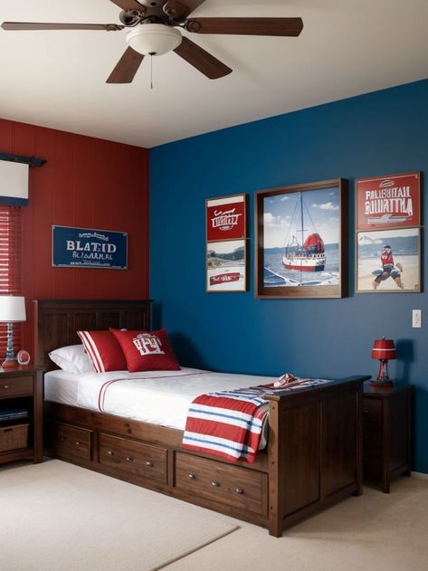 Elevate a boys bedroom with a striking red and blue accent wall, complemented by rustic wooden furniture and nautical-themed decor. Complete the look with unique wall decals and personalized sports-themed artwork for a vibrant and personalized space. Blue Accent Wall, Rustic Wooden Furniture, Blue Accent, Boys Bedroom, Boy's Bedroom, Boys Room, Wooden Furniture, Red Blue, Accent Wall