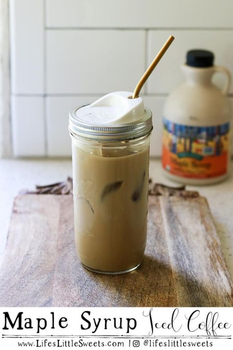 Maple Syrup Iced Coffee is naturally sweet with 100% pure maple syrup, optional dairy or non-dairy/vegan creamer of choice and served with ice. Enjoy this icy-cold coffee during warm, hot weather with none of the refined sugar! #coffee #drinks #sweet #maplesyrup #refinedsugarfree #drink #iced #colddrinks Maple Syrup Coffee Recipes, Maple Syrup Coffee, Vegan Creamer, Cherry Oatmeal, Flower Ice Cubes, Vanilla Iced Coffee, Nespresso Recipes, Maple Recipes, Cold Brew Iced Coffee