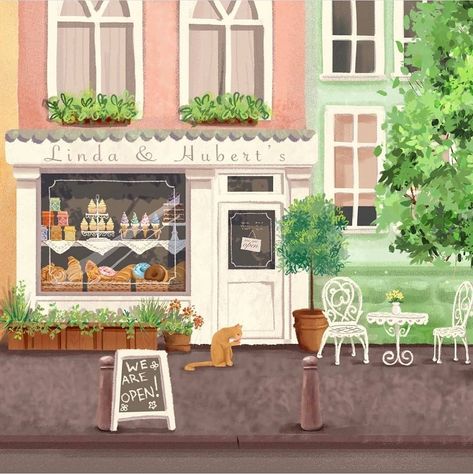 Cozy Cafe Drawing, French Cafe Illustration, Cat Cafe Drawing, Cute Cafe Exterior, Cafe Shop Drawing, Cafe Illustration Art, Christmas Village Illustration, Print Art Ideas, Fox And Cat