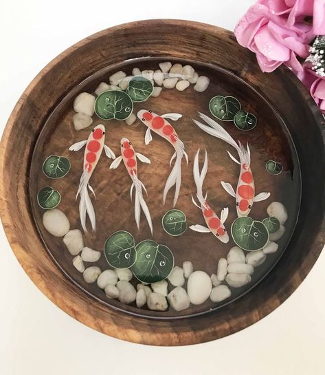 Resin Koi Fish, 3d Koi Fish, Koi Fish Painting, Large Wooden Bowl, Sea Stones, Koi Fish Pond, Resin Painting, Fish Pond, Fish Painting