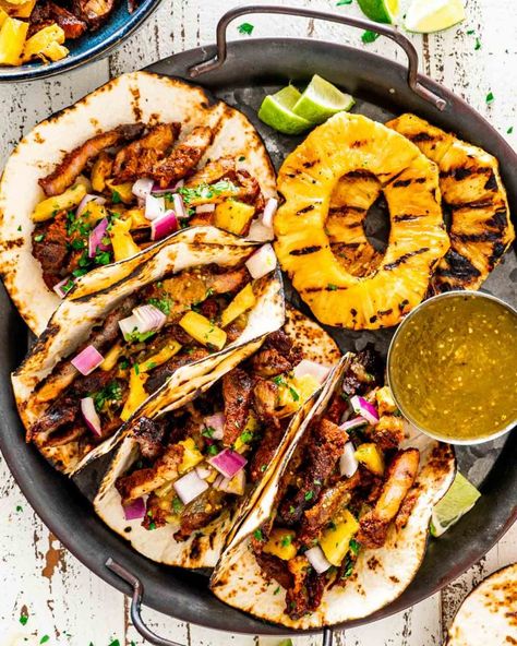 Easy, homemade Tacos Al Pastor perfect for your weeknight dinners, special occasions, get togethers or game day parties. #tacosalpastor #recipe Al Pastor Recipe, Tacos Al Pastor Recipe, Summer Suppers, Pastor Tacos, 49th Birthday, Mexican Appetizers, Travel Recipes, Jo Cooks, Tacos Al Pastor