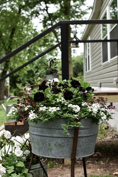 How to plant in washtub planters. Rustic garden ideas and decor. Tub Planter Ideas, Home Backyard Ideas, Galvanized Tub Planter, French Rustic Decor, Fall Container Gardens, Galvanized Planters, Spring Planter, Porch Plants, Porch Planters