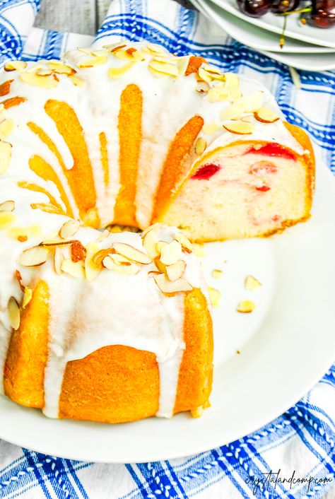 Cherry Almond Bundt Cake Recipe Almond Bundt Cake Recipes, Cherry Almond Bundt Cake, Almond Bundt Cake, Cherry Recipes Dessert, Bundt Cake Recipes, Bundt Cake Recipe, Cherry Desserts, Cherry Cheesecake, Fourth Of July Food