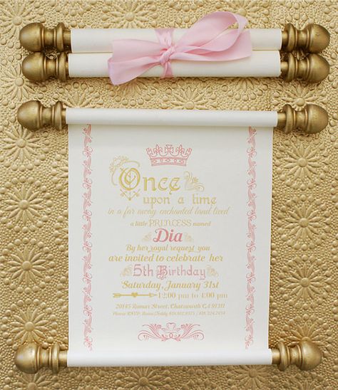 Elegant Princess Scroll Birthday Invitation in Gold and Pink Royal Princess Birthday, Princess Party Invitations, Pink And Gold Birthday, Scroll Invitation, Princess Theme Birthday, Princess Theme Birthday Party, Princess Invitations, Princess Tea Party, Princess Theme Party