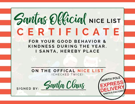 Santas Official Nice List Certificate – Free Printable Nice List Certificate Free Printable, Elf Printables Free, Official Nice List Certificate, Free Printable Santa Letters, Christmas Bingo Printable, Christmas Letter From Santa, Christmas Nice List, Elf Stuff, Christmas Bingo Cards