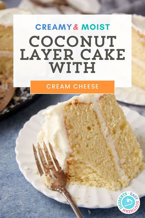 Whip up this easy homemade coconut layer cake for a show-stopping dessert that looks as good as it tastes. Moist, fluffy cake layers, a creamy frosting, and a hint of coconut make this recipe the ideal centerpiece for your next gathering or special celebration. Cocunut Cake, Southern Coconut Cake Recipe, Coconut Milk Cake, Cream Cheese Desserts Easy, Moist Coconut Cake, Coconut Layer Cake, Coconut Cream Cheese, Coconut Cream Cheese Frosting, Creamy Frosting