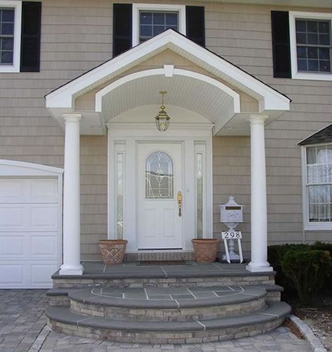 fancy portico | Portico's | Pinterest Portico Entry, Front Porch Remodel, Front Porch Addition, Round Stairs, Door Overhang, Portico Design, Front Porch Steps, Front Door Steps, Best Front Doors