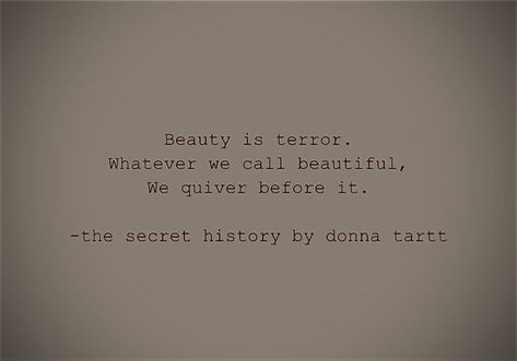 Beauty is terror. Whatever we call beautiful, we quiver before it. -the secret history by Donna Tartt Beauty Is Terror The Secret History, Beauty Is Terror Tattoo, Family Secrets Aesthetic, Beauty Is Terror Quote, Terror Quotes, Beauty Is Terror, Aesthetic Tattoos, Donna Tartt, History Quotes