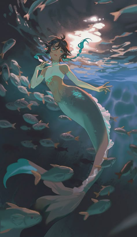 Mermaid Anime, Venti The Bard, Mermaid Pose, Venti Barbatos, Mermaid Drawings, Mermaids And Mermen, Genshin Art, Mermaid Art, Art Poses