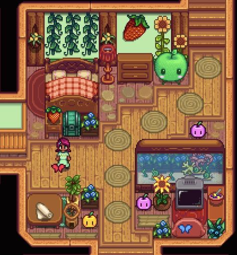 Stardew Valley Ancient Fruit, Stardew Valley House Interior 1st Upgrade, Stardew Valley Strawberry House, Stardew Valley House Interior Simple, Stardew Valley House Interior Bedroom, Stardew Farm Decoration, Stardew Farmhouse Interior, Stardew Room Ideas, Stardew Farm Ideas