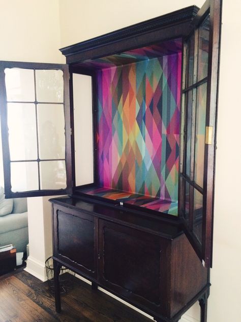 Wallpaper Inside Cabinets, Art Deco Wall Paper, Prism Wallpaper, Stylish Halloween Decor, Upcycled Cabinet, Cabinet Transformations, Room Accent Wall, Homemade Home Decor, Inside Cabinets