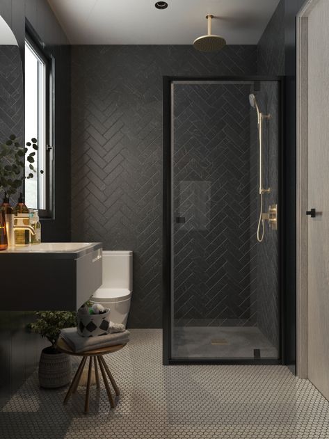 Black En Suite Bathroom, Feature Tile Wall Bathroom, Dark Bathroom Ideas Modern, Honey Bathroom, Black Shower Wall, Tile Shower Ideas Walk In, Small Bathroom Black, Renovation Aesthetic, Black Tile Bathroom