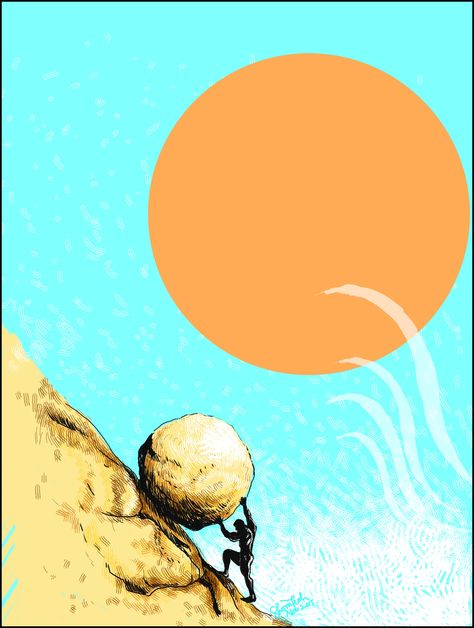 Sisyphus Illustration, Sisyphus Art, Sisyphus Tattoo, 2024 Growth, Cartoonish Art, Roman Myth, Collage Video, Hamster Wheel, Aesops Fables