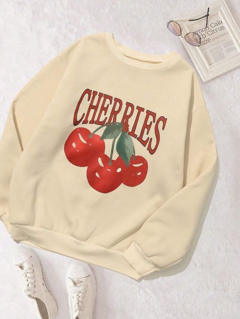 Cherry & Letter Printed Crew Neck Sweatshirt | SHEIN USA Fruit Clothes, Goth Casual, Shein Finds, Women Sweatshirts, Heavy Knit, Neck Hoodie, Casual Sweatshirt, Free Clothes, Long Sleeve Knit