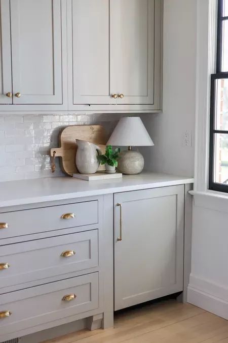 Lamp On Kitchen Counter, Breville Smart Oven Air Fryer, Arched Manor, Pantry Renovation, Brass Kitchen Hardware, Open Pantry, Oven Air Fryer, Kitchen Design Styles, Inset Cabinets