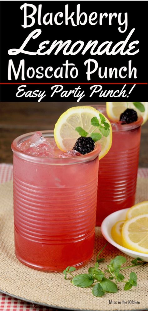 Blackberry Lemonade Moscato Punch is a great alcoholic party punch perfect for celebrations and gatherings with friends. Just a few ingredients in this easy large batch cocktail. #winecocktail #partypunch Alcoholic Party Punch, Punch Alcohol, Moscato Punch, Party Punch Alcohol, Alcoholic Party, Easy Party Drinks, Easy Party Punch, Blackberry Lemonade, Alcoholic Punch Recipes