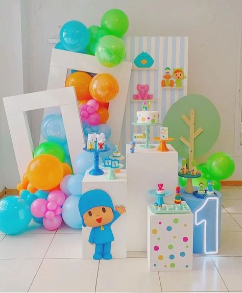 Pocoyo First Birthday Party Ideas, Pocoyo Birthday Ideas, Pocoyo Party Ideas, Pocoyo Birthday, Baby Shower Theme Decorations, 3rd Birthday Cakes, Party Themes For Boys, Happy First Birthday, Birthday Party Decorations Diy