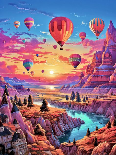 Red and pink sunset illustration of this beautiful landscape of Cappadocia in Turkey, with hot airs ballons in the air Sunset Illustration, Air Ballons, Floating Balloons, Cappadocia Turkey, Pink Sunset, Hot Air Balloons, Rock Formations, Air Balloons, Hot Air