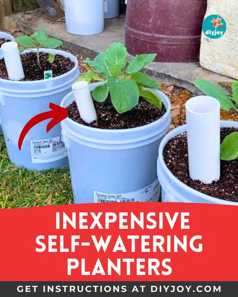 Allow your plants to water themselves with these DIY wicking bucket containers! Learn how to make them here. Self Watering Planter Diy, Diy Gardening, Water Reservoir, Self Watering Planter, Diy Garden Projects, Diy Planters, Garden Tips, Self Watering, Water Plants