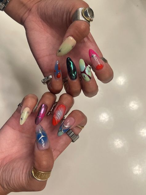 Eclectic Acrylic Nails, Tokyo Nails Street Styles, Maximalist Nail Design, Mismatched Nail Designs, Chaos Nails, Mismatched Nails Summer, Mismatch Nail Designs, Colorful Abstract Nails, Short Maximalist Nails