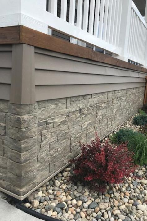 Faux Stacked Stone Exterior, Rock Panels Exterior, Vinyl Stone Siding Exterior, Stone Skirting Mobile Home, Faux Rock Siding Exterior, Novik Stone Siding, Rock Siding On House, House Skirting Ideas Exterior, House Foundation Covering Ideas