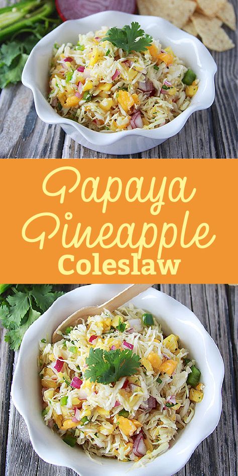 Papaya Slaw, Pineapple Coleslaw Recipe, Pineapple Coleslaw, Cabbage Bowl, Papaya Recipes, Vegetable Dumplings, Stuffed Peppers Healthy, Savory Salads, Green Papaya