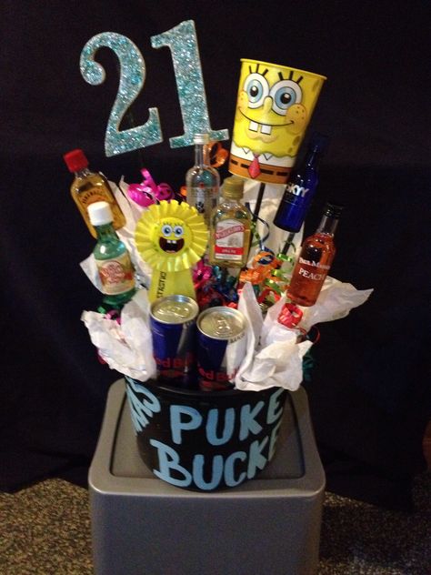 21st Birthday Spongebob/Alcohol Present 21st Birthday Spongebob, Spongebob 21st Birthday Party, Spongebob Birthday Gift Ideas, Spongebob 21st Birthday, Birthday Spongebob, 21st Birthday Diy, 21 Bday, 21st Ideas, Spongebob Cake