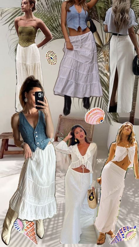 White long skirts outfits for European summer Flowy Maxi Skirt Outfit Summer, White Flowy Skirt Outfit Summer, Outfit With Long White Skirt, Style White Skirt, Trendy Long White Skirt, Outfits With Long White Skirt, White Long Skirt Outfit Ideas, Flowy Long White Skirt, Long White Skirt Outfit Summer